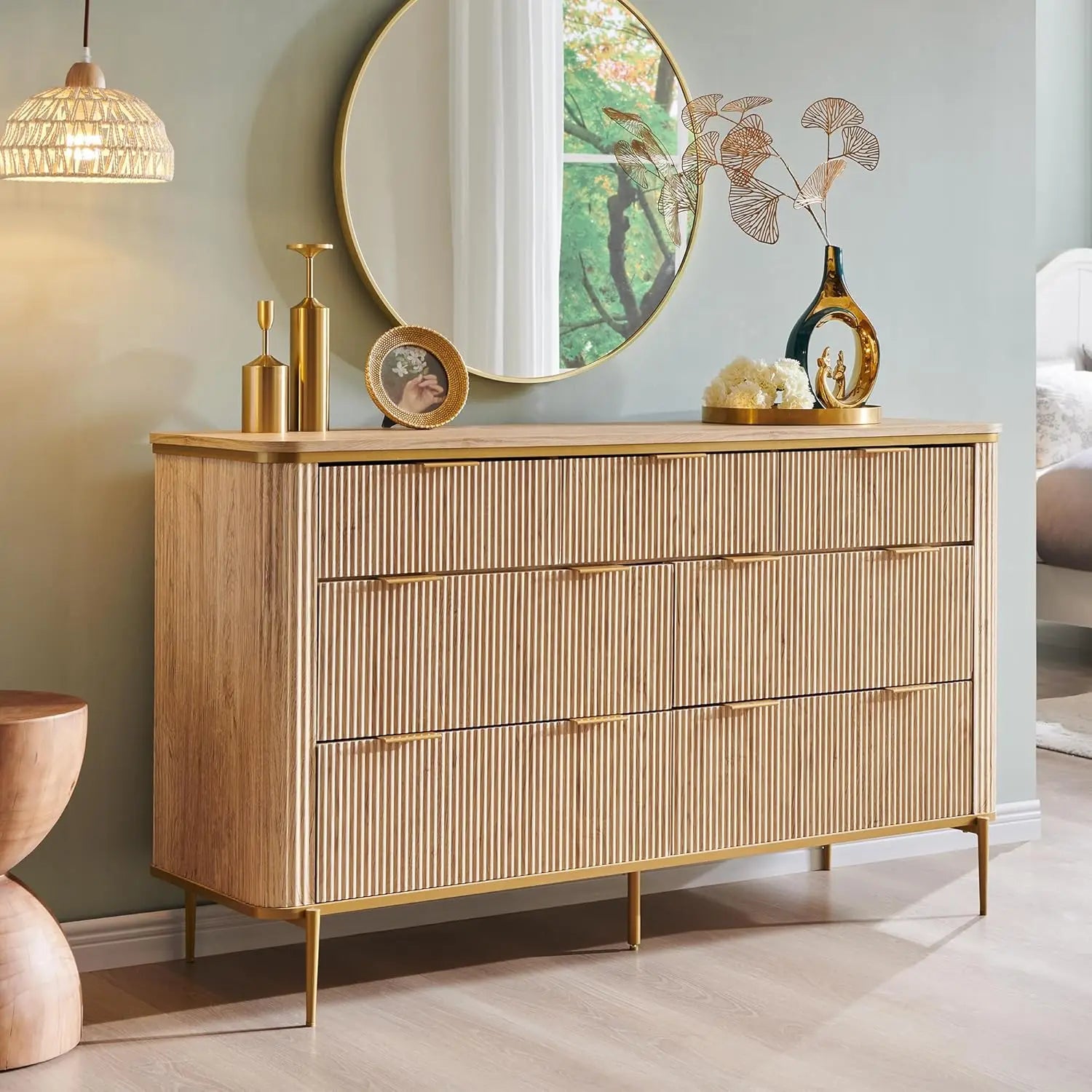 Fluted 7-Drawer Dresser with Gold Accents