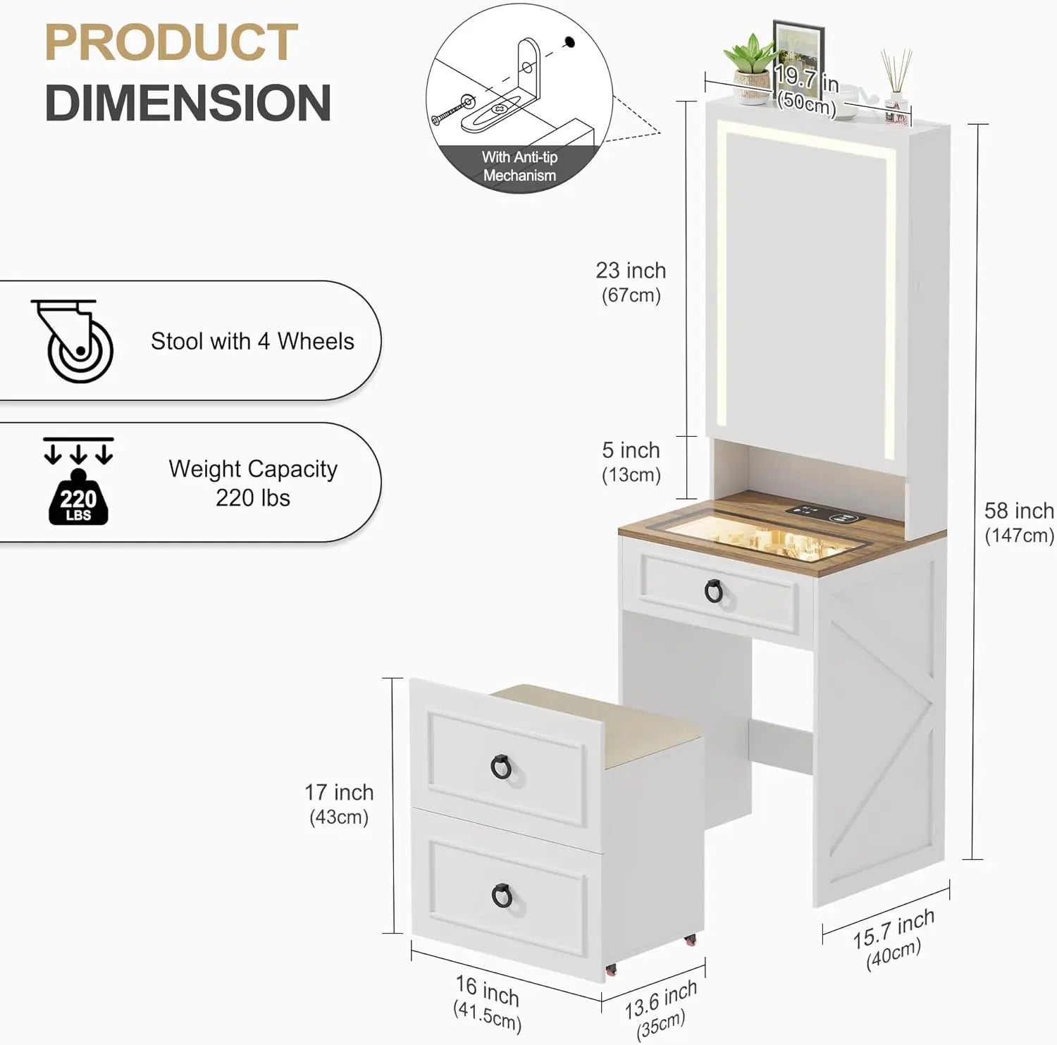 Compact 3-in-1 LED Vanity Desk