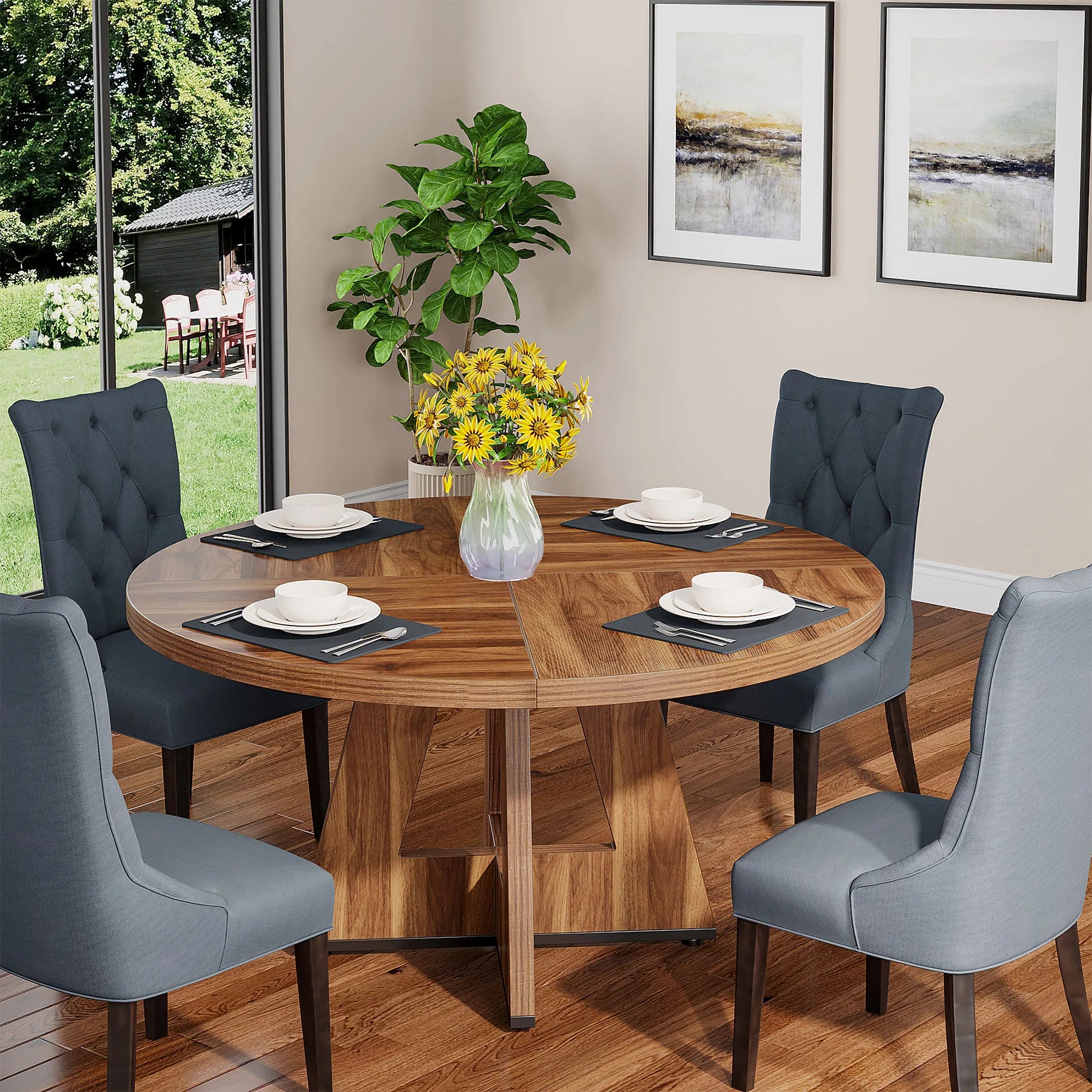 Round Farmhouse Dining Table for 4