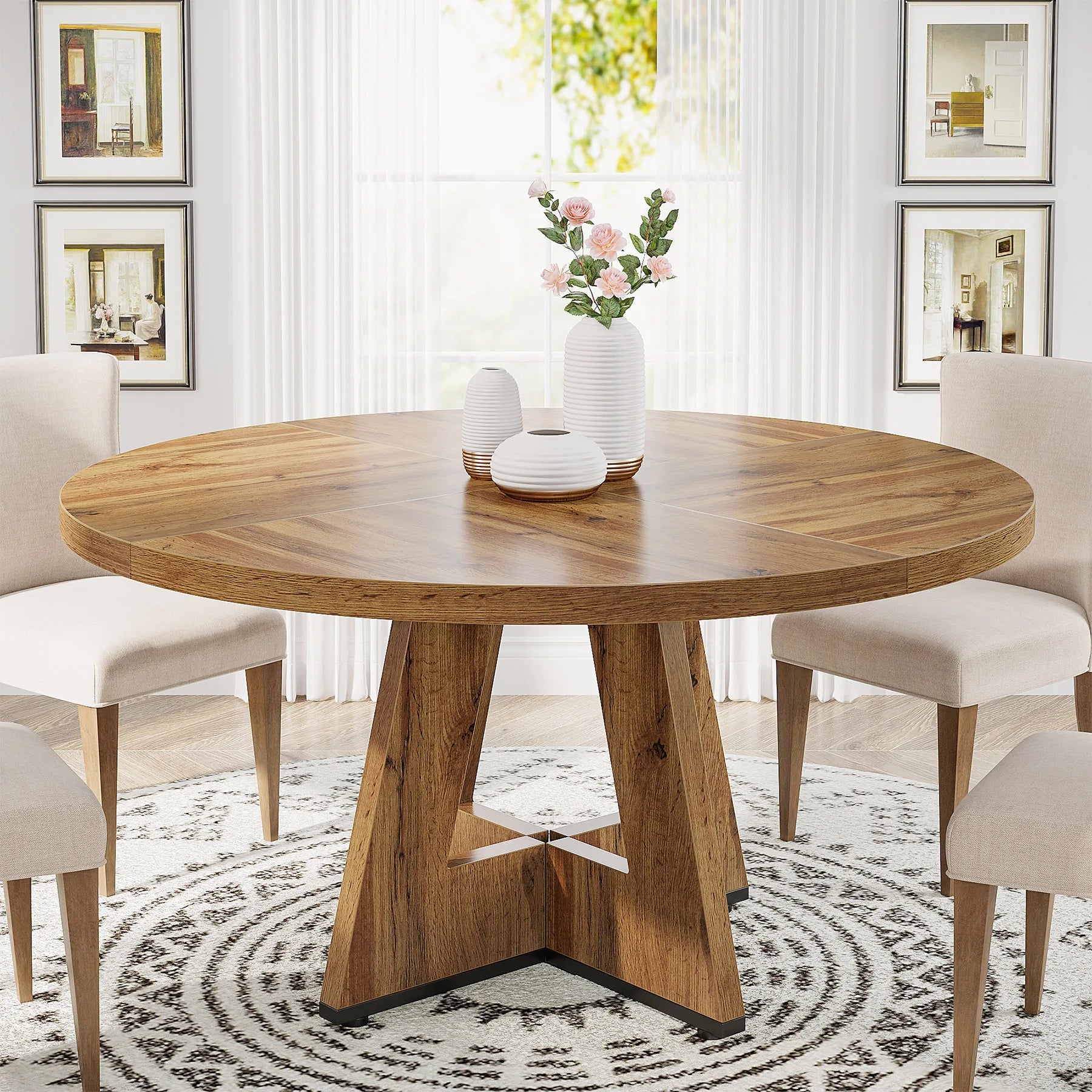 Round Farmhouse Dining Table for 4