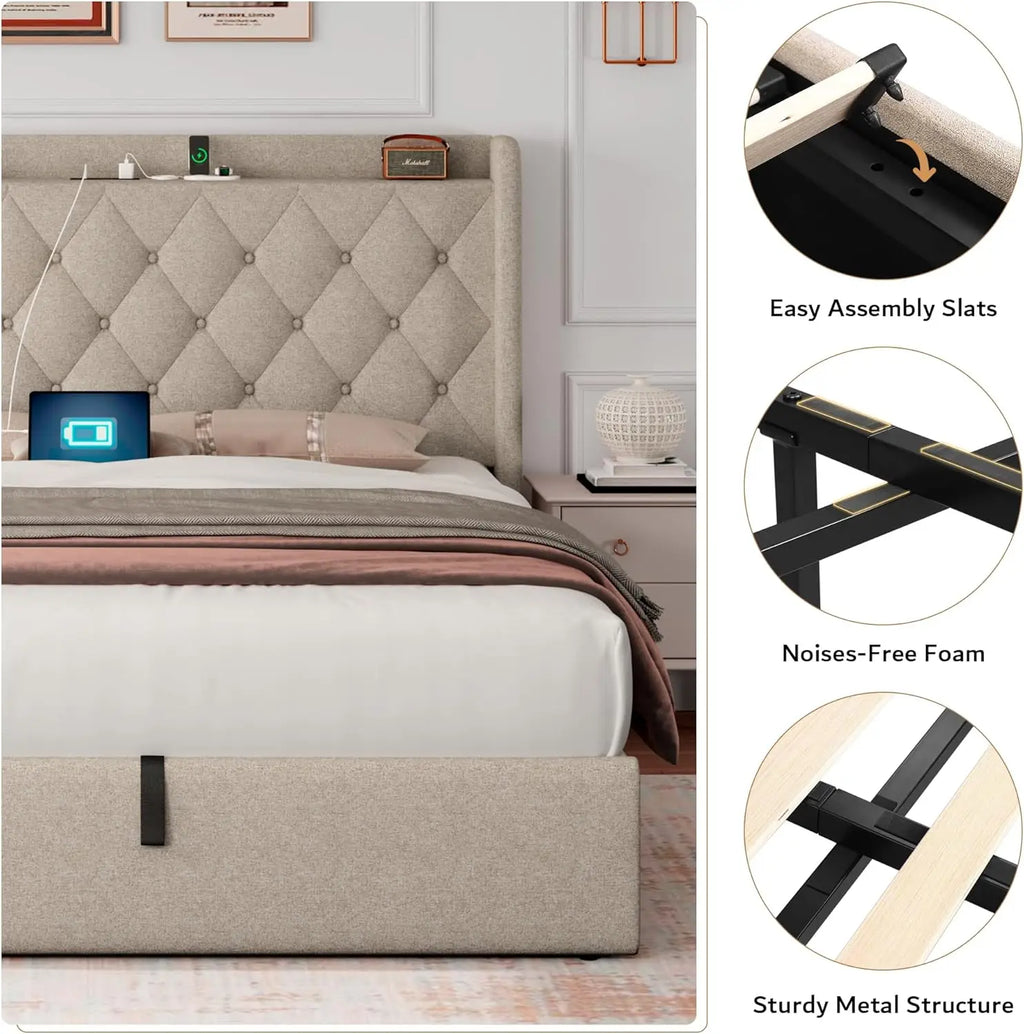 Queen Size Hydraulic Lift-Up Storage Bed Frame