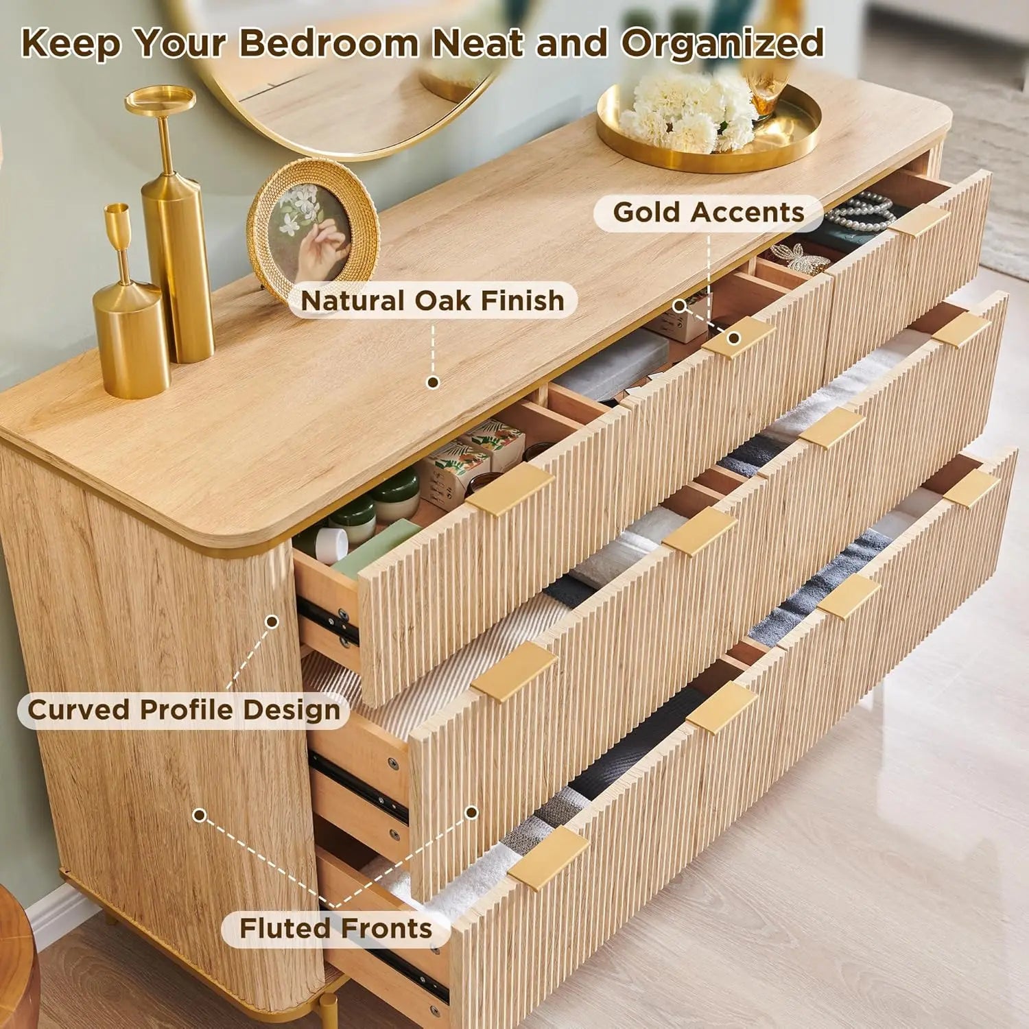 Fluted 7-Drawer Dresser with Gold Accents