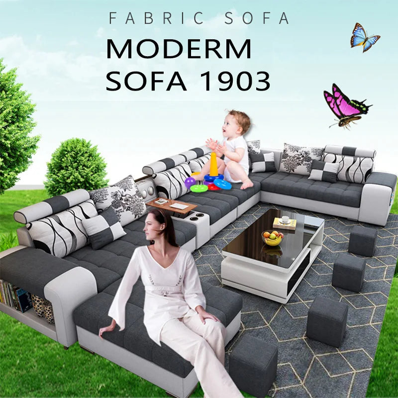 Luxe Modern U-Shape Fabric Sofa Set