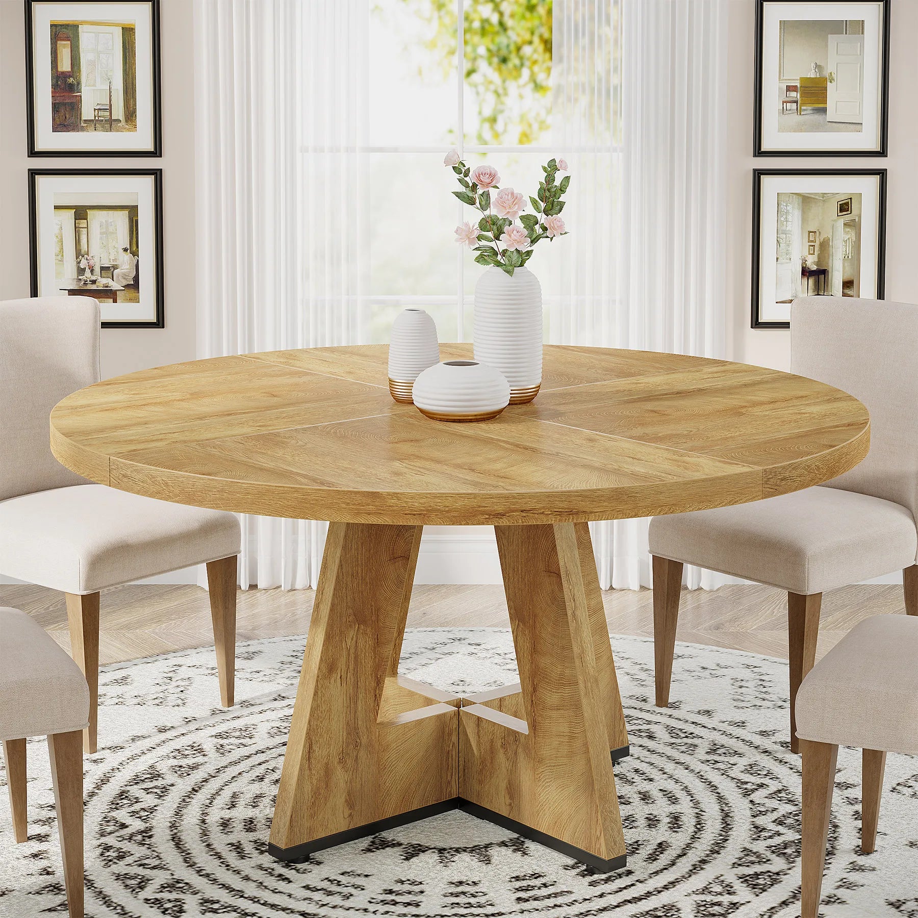 Round Farmhouse Dining Table for 4
