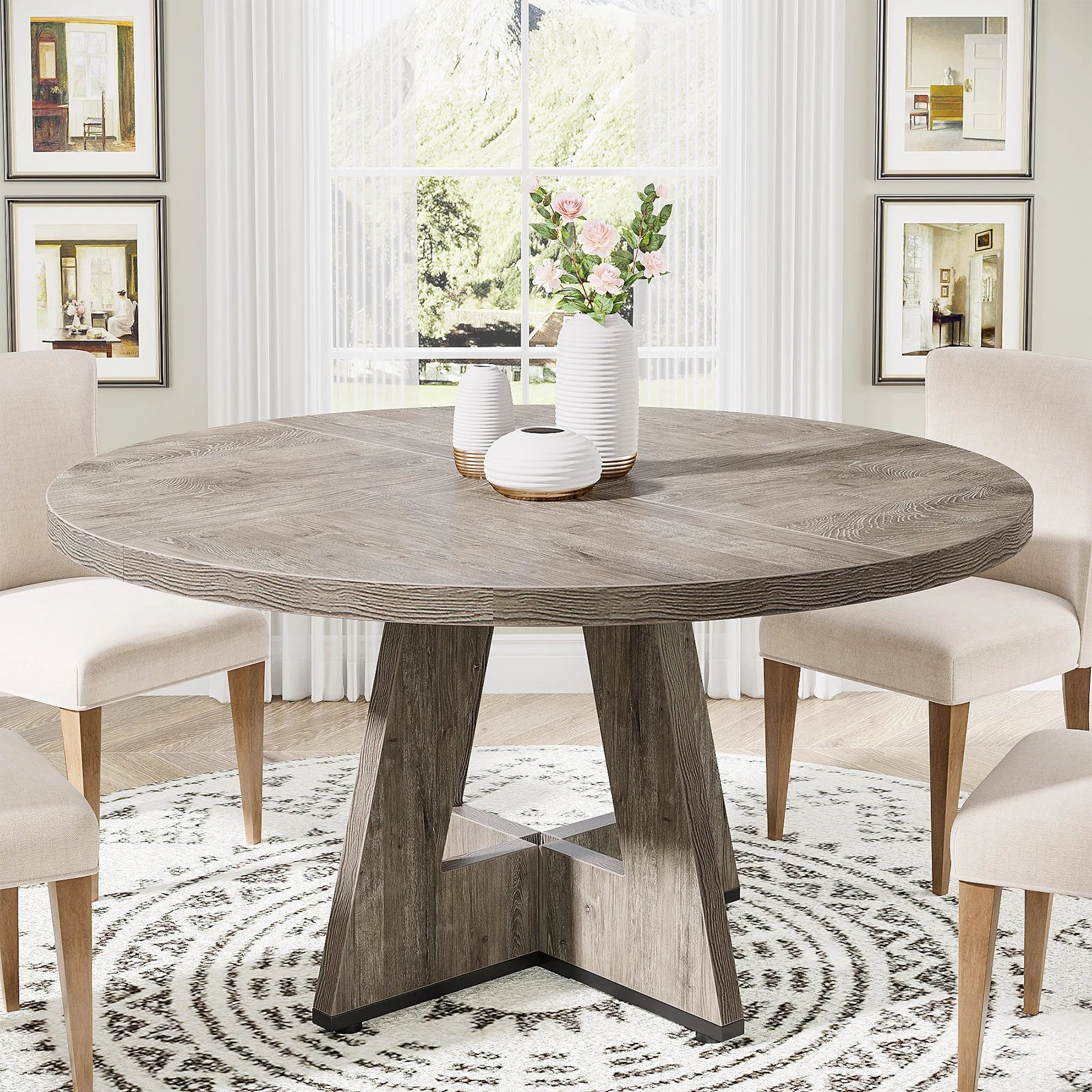 Round Farmhouse Dining Table for 4