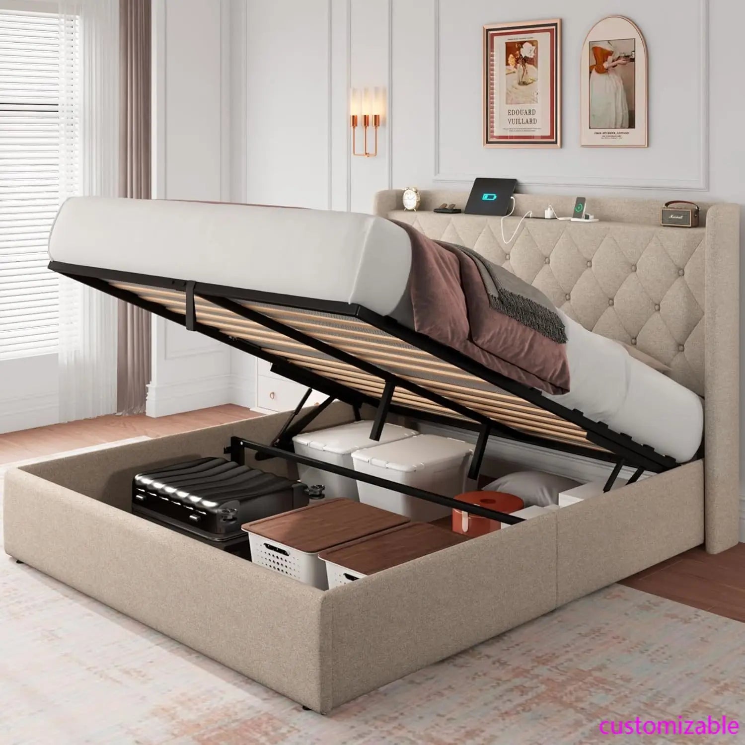 Queen Size Hydraulic Lift-Up Storage Bed Frame