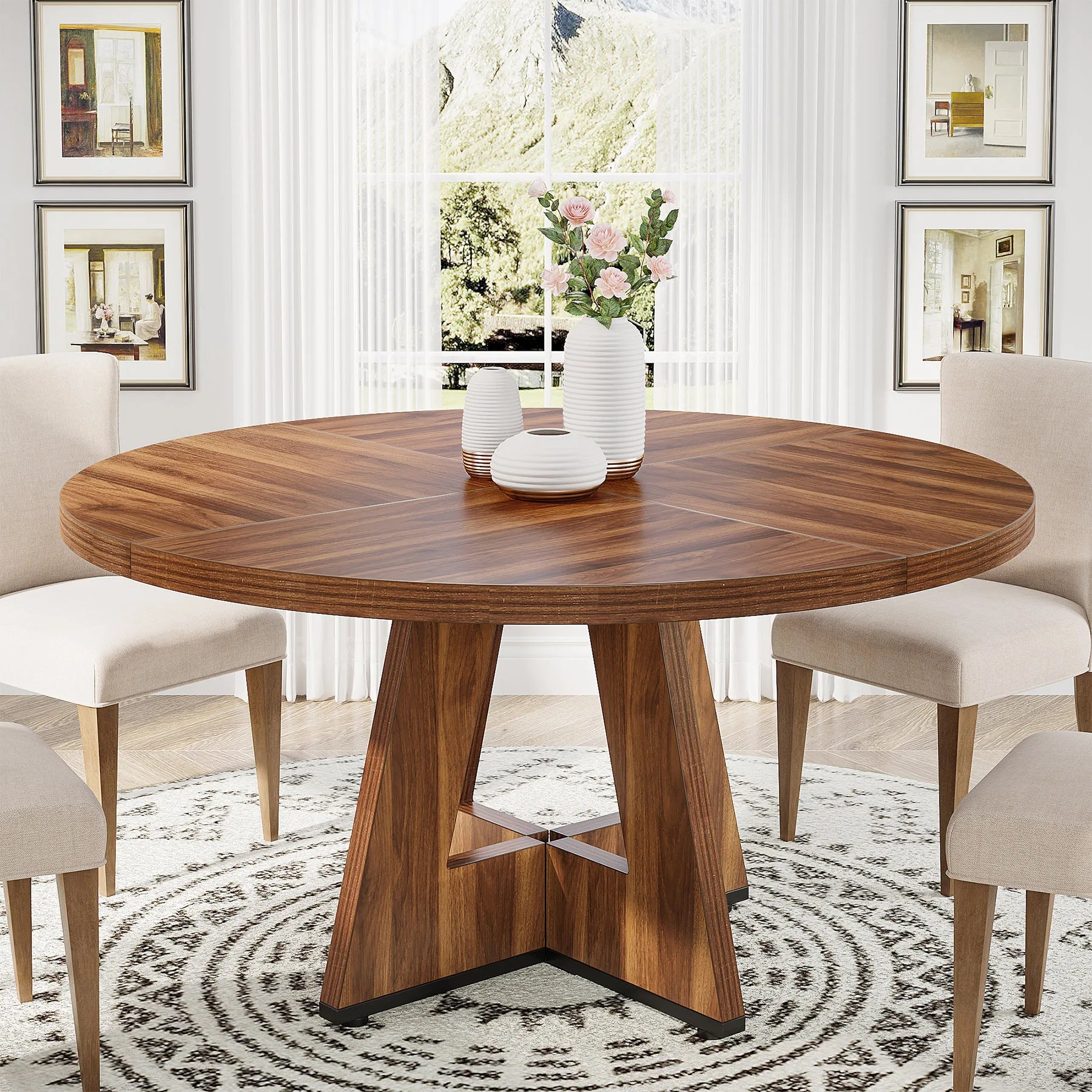 Round Farmhouse Dining Table for 4