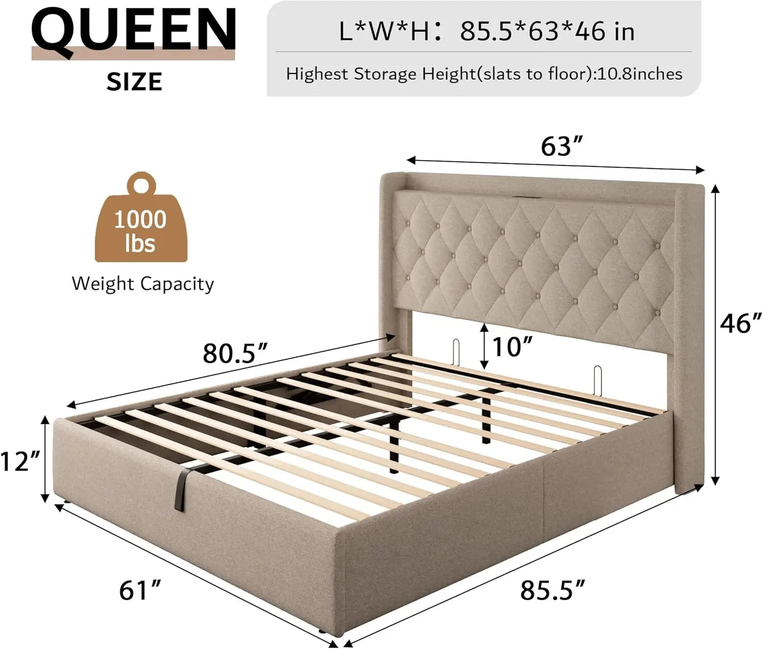 Queen Size Hydraulic Lift-Up Storage Bed Frame