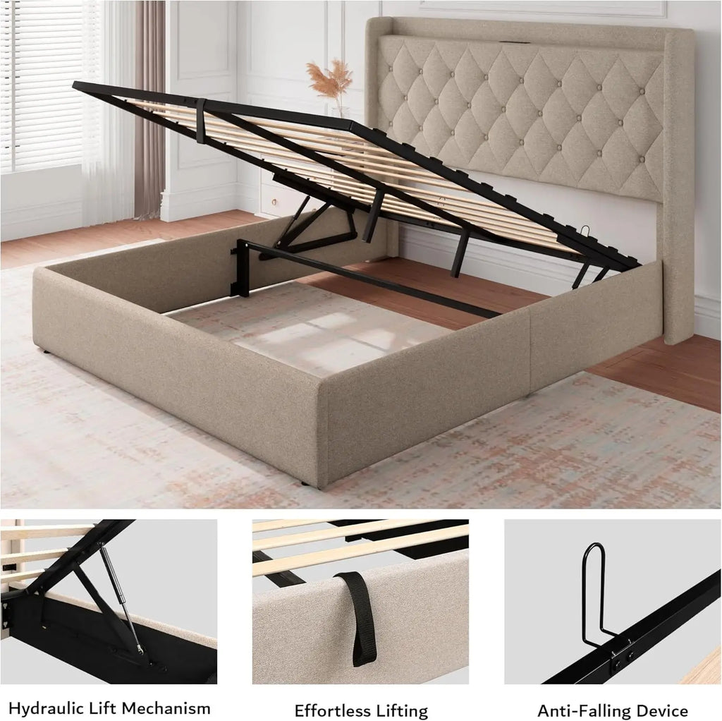 Queen Size Hydraulic Lift-Up Storage Bed Frame