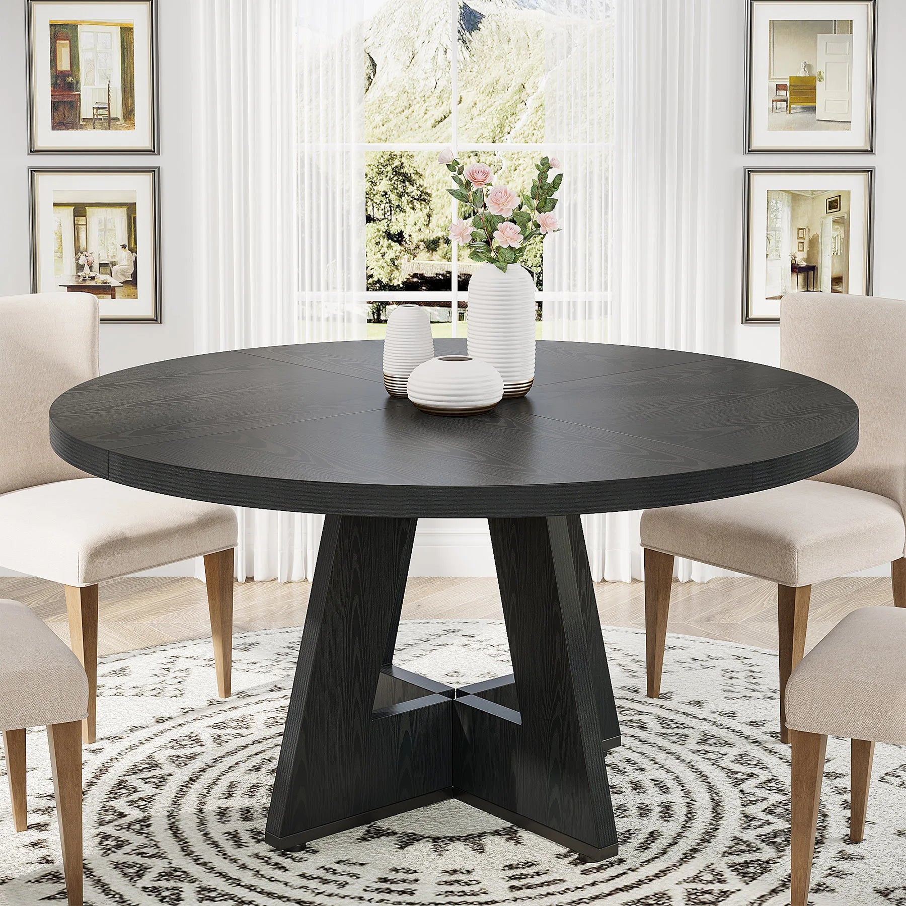 Round Farmhouse Dining Table for 4
