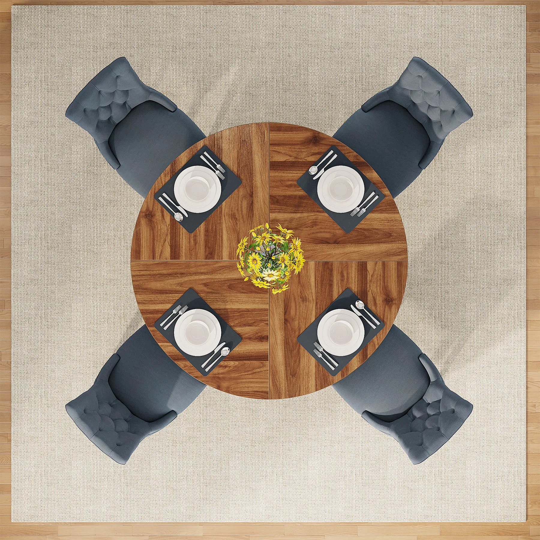 Round Farmhouse Dining Table for 4