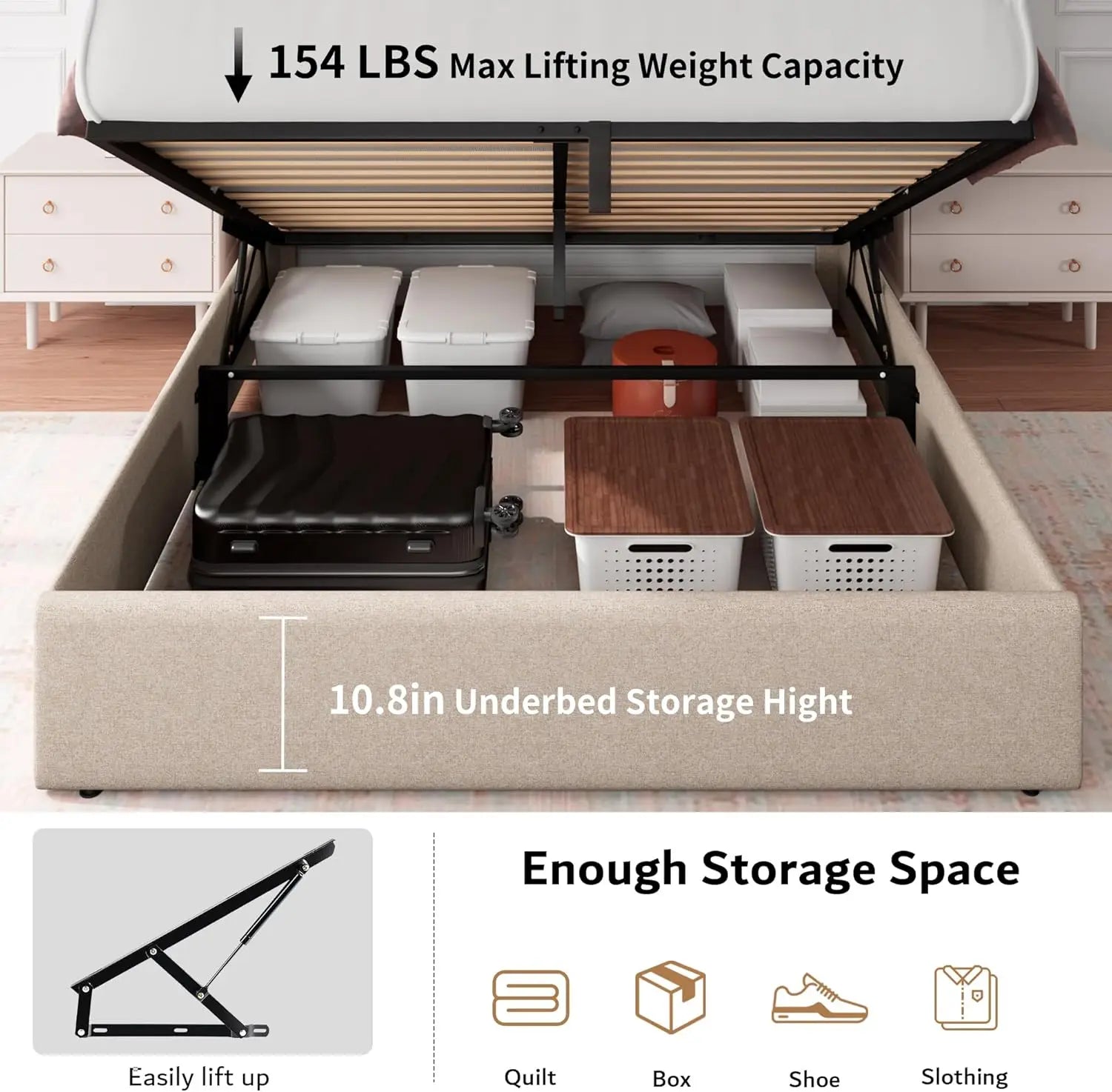 Queen Size Hydraulic Lift-Up Storage Bed Frame